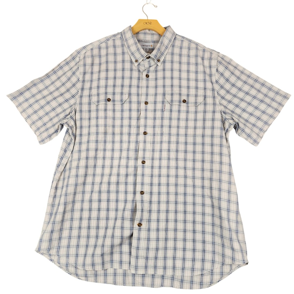 Carhartt Mens 2XL Relaxed Fit Plaid Short Sleeve Button Down Shirt Blue 101961